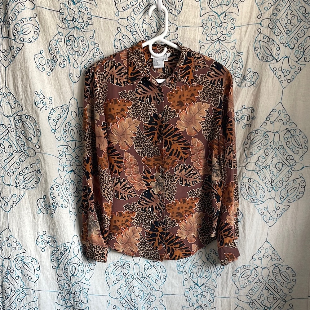 Brown and Black Leaf Print Blouse